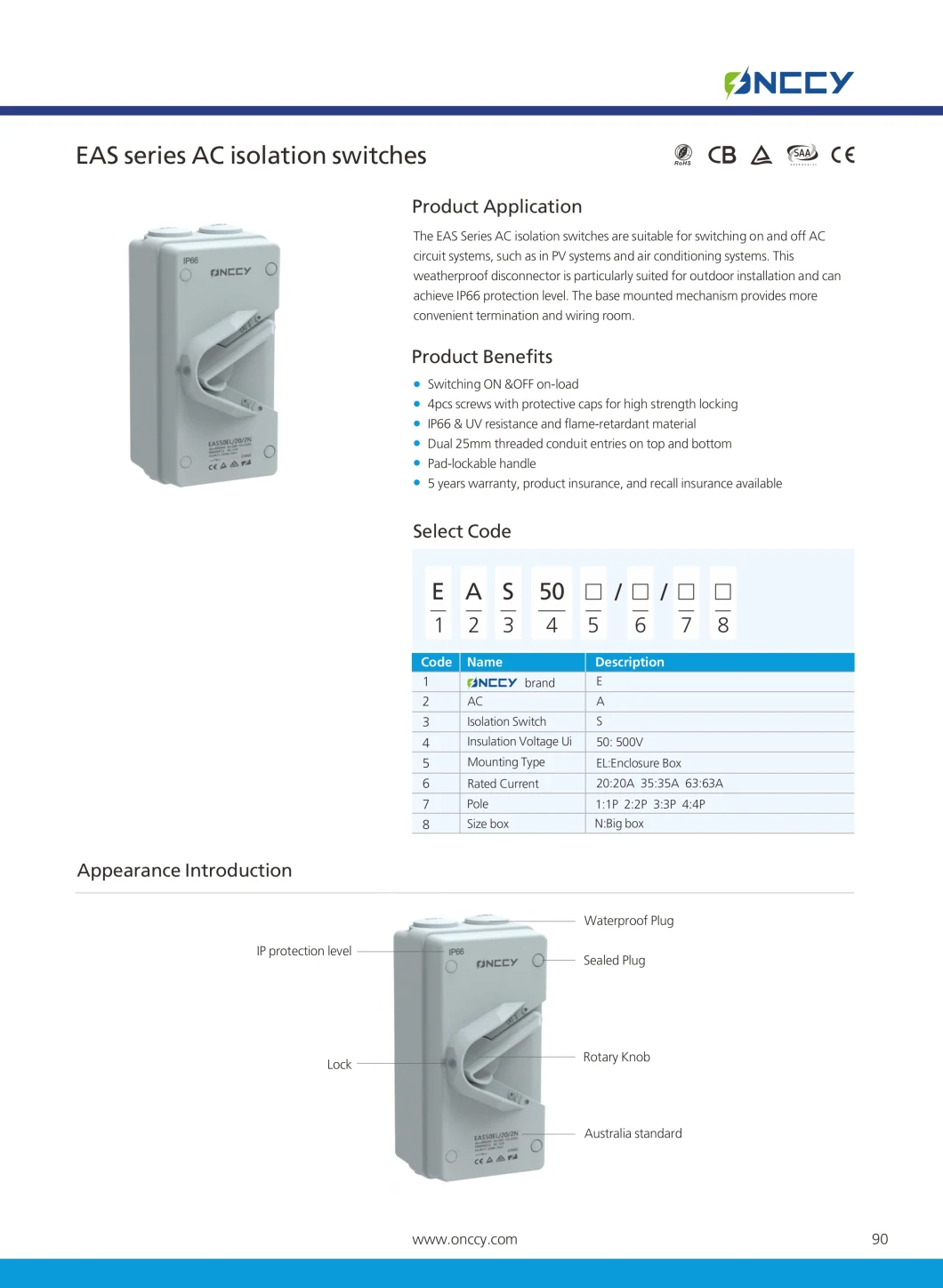 DIN Rail EAS50 Waterproof AC Isolator Switch 500V 1p/2p/3p/4p 20A/35A/63A Disconnect Switch